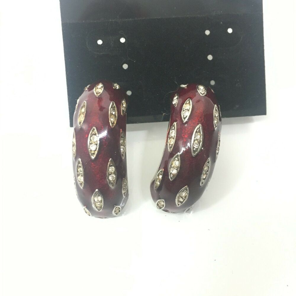 Womens Vintage Red Enamel Rhinestone Clip On Earrings Red